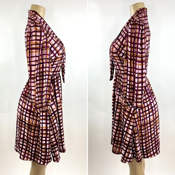 Gal Meets Glam Lindsey Dress Size 2 Purple Pink Plaid Tie Neck Pockets V Neck - Picture 9 of 15